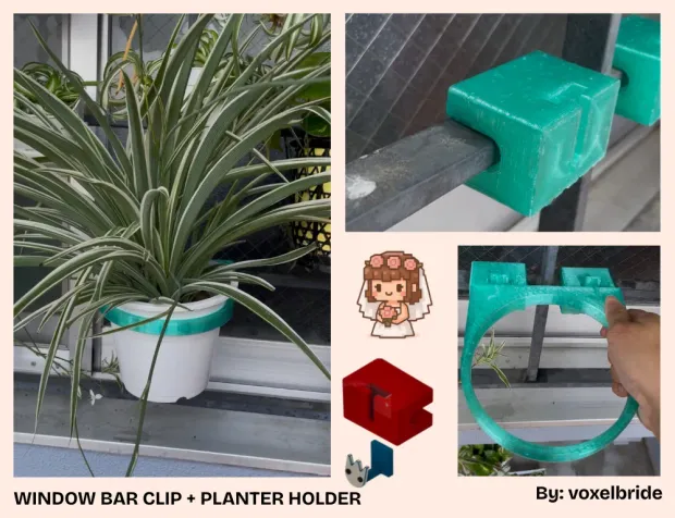 Window bar clip with detachable planter holder and hook