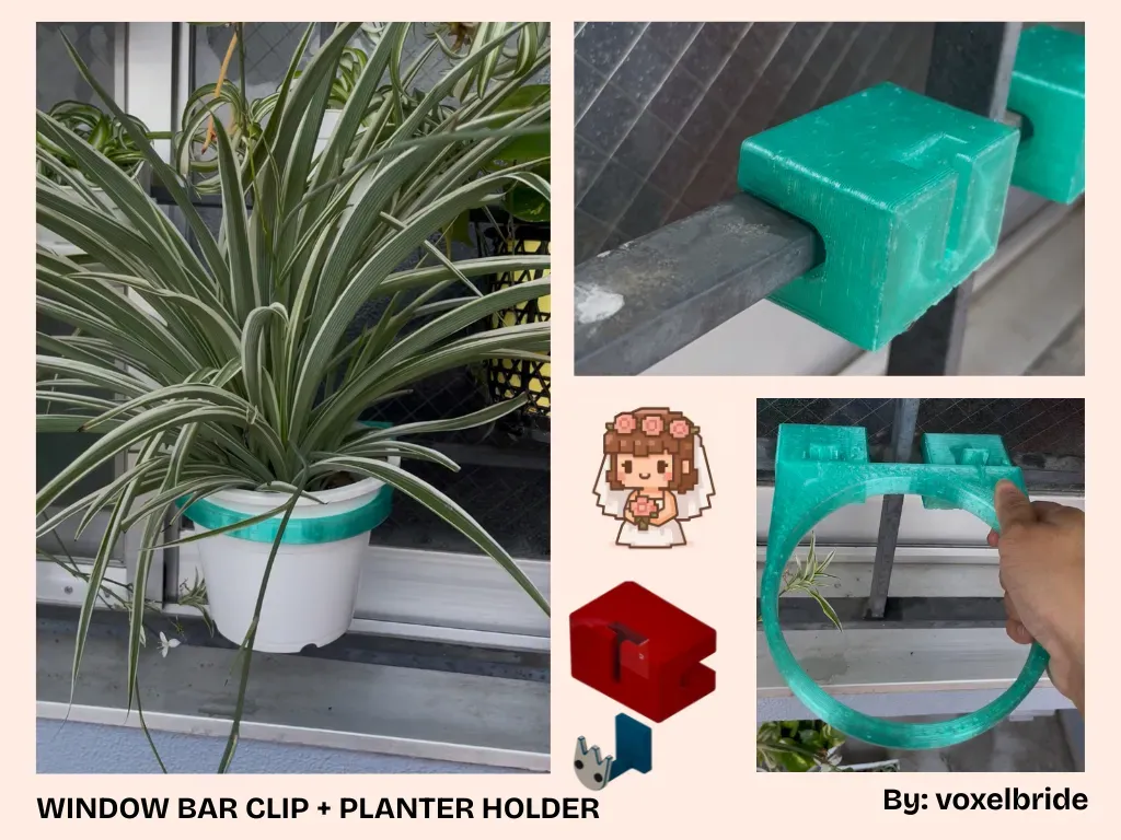 Window bar clip with detachable planter holder and hook